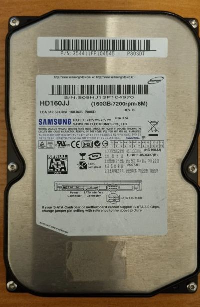 Лот: 20966072. Фото: 1. Жесткий диск Samsung HD160JJ... Жёсткие диски (HDD)