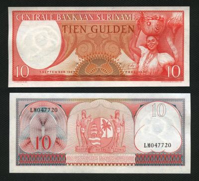 Лот: 3248561. Фото: 1. банкнота Суринам 10 гульдонов... Азия