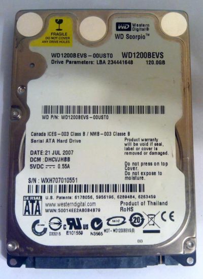 Лот: 6862887. Фото: 1. 120Gb Western Digital WD1200BEVS... Жёсткие диски (HDD)