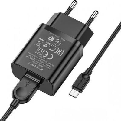 Лот: 19606800. Фото: 1. СЗУ Borofone + кабель microUSB... Зарядные устройства, блоки питания, адаптеры сетевые для смартфонов