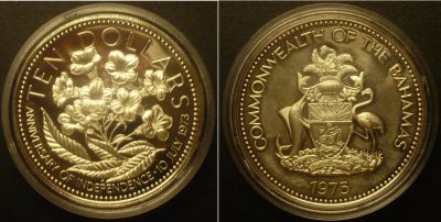 Лот: 16921316. Фото: 1. 10 долларов 1975 г Багамские о-ва. Америка