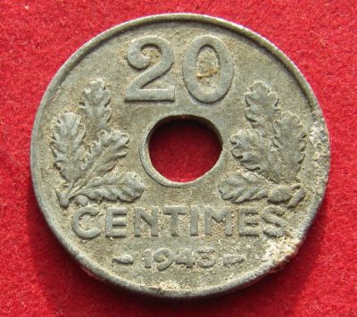 Лот: 15570714. Фото: 1. Франция 20 сантимов, 1943г. Остальные страны