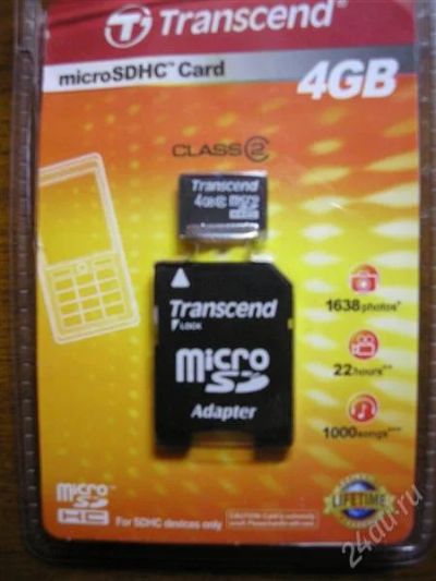 Лот: 1076035. Фото: 1. MicroSDHC 4GB Class 2 + SD переходник... Карты памяти