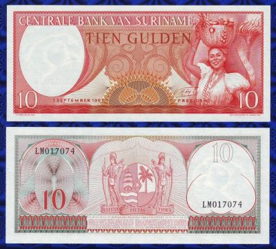 Лот: 16326900. Фото: 1. Банкнота - Суринам 10 unc. Америка
