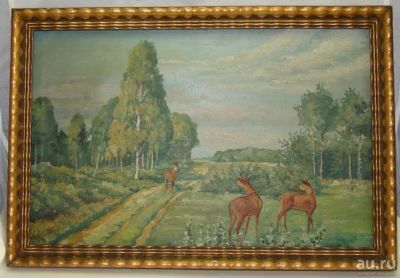 Лот: 14420735. Фото: 1. Картина старинная Олени (N093). Другое (антиквариат)