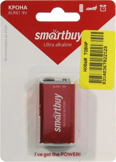 Лот: 10688677. Фото: 1. Батарейка 9V Smartbuy Ultra Alkaline... Батарейки, аккумуляторы, элементы питания