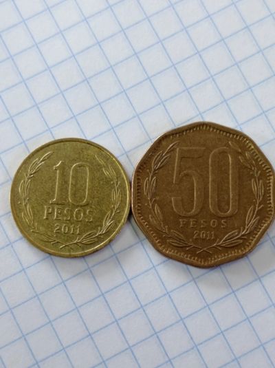Лот: 18955804. Фото: 1. 10, 50 песос 2011 гг. Чили. Один... Наборы монет