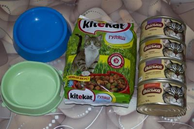 Лот: 1495619. Фото: 1. Корм Васька и Kitekat + 2 миски... Корма