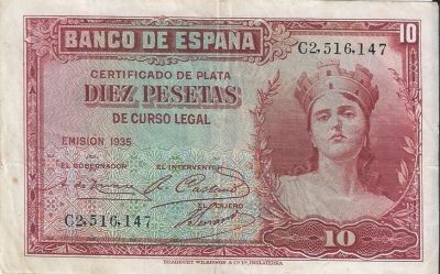 Лот: 21441844. Фото: 1. 10 песет 1935 год. Испания . Состояние... Европа