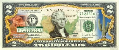 Лот: 10297721. Фото: 1. Банкнота 2 доллара США Штат Аризона. Америка