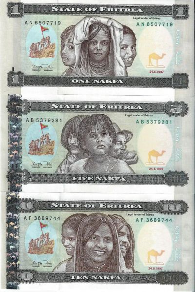 Лот: 15880833. Фото: 1. 1 , 5 и 10 накфа 1997 г. Эритрея... Африка