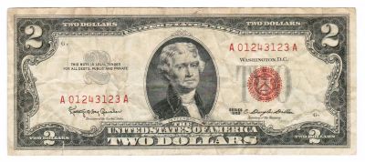 Лот: 24972357. Фото: 1. США 2 доллара 1963 год, красная... Америка