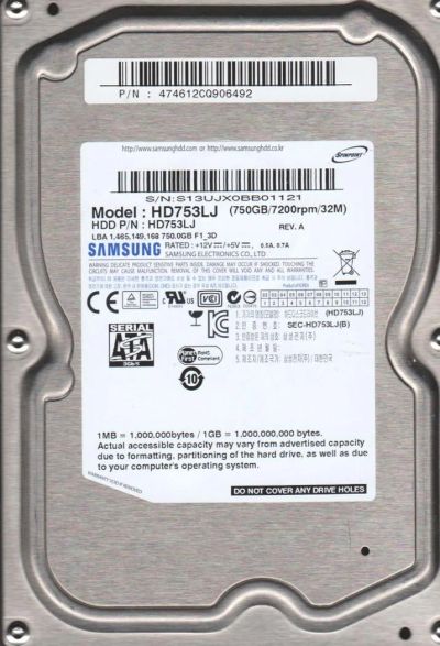 Лот: 3970224. Фото: 1. Жесткий диск 750 GB Samsung HD753LJ. Жёсткие диски (HDD)