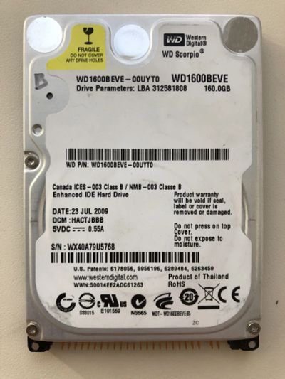 Лот: 18089302. Фото: 1. Неисправный IDE 2.5 160Gb Western... Жёсткие диски (HDD)