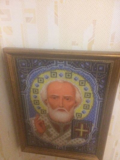 Лот: 10970710. Фото: 1. Икона Николай Чудотворец.Бисером. Картины, рисунки