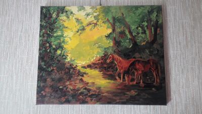 Лот: 19208746. Фото: 1. Картина "Лошади у ручья" на холсте... Картины, рисунки