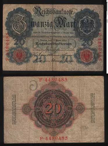 Лот: 24697681. Фото: 1. Банкнота Германии 20 марок 1910... Германия и Австрия