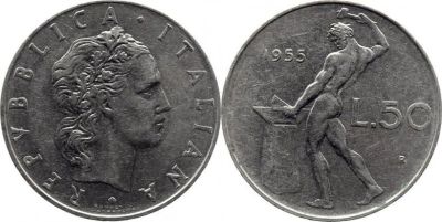 Лот: 3867419. Фото: 1. Italien 50 Lire 1955. Другое (монеты)