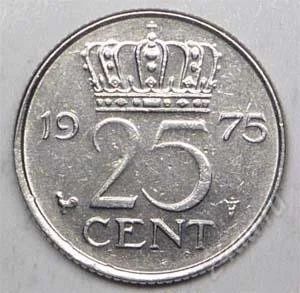 Лот: 1436300. Фото: 1. Нидерланды. 25 цент 1975г. Европа