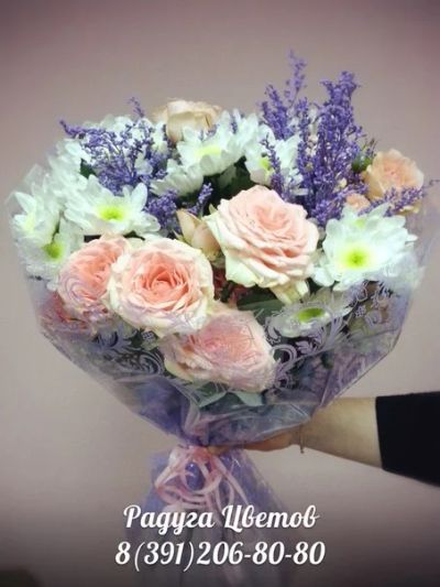 Лот: 6389646. Фото: 1. Сборный букет роза + хризантема... Свежие цветы