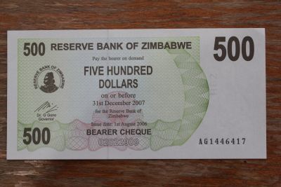 Лот: 22170664. Фото: 1. Зимбабве 500 долларов 2007 года... Африка