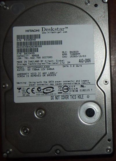 Лот: 5687988. Фото: 1. 400 Gb, 7200 RPM Sata, Hitachi... Жёсткие диски (HDD)