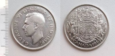 Лот: 7570633. Фото: 1. Канада. 50 центов 1940 (серебро... Америка