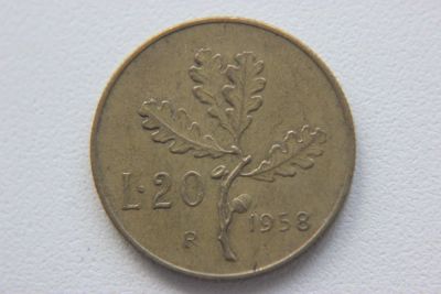 Лот: 9693771. Фото: 1. (221) Италия 20 лир 1958. Другое (монеты)