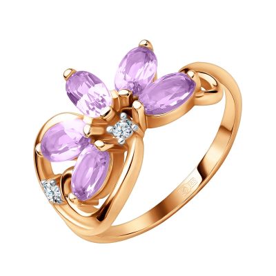 Лот: 23784385. Фото: 1. Золотое кольцо с аметистами и... Кольца, перстни