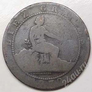 Лот: 904473. Фото: 1. Испания. 10 сантим 1870г. Большая... Европа