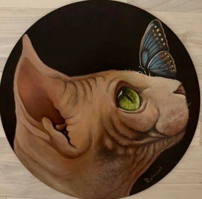 Лот: 25885703. Фото: 1. Картина масло дерево кошка с бабочкой. Картины, рисунки