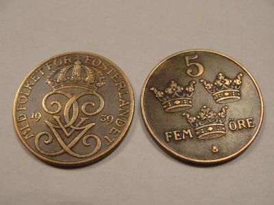 Лот: 4926688. Фото: 1. Швеция, 5 эре, 1938, 1939 гг. Европа