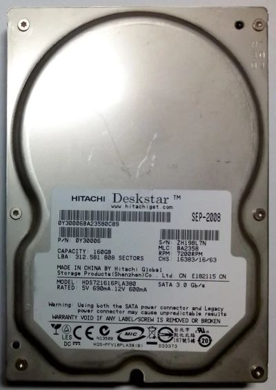 Лот: 4776421. Фото: 1. HDD / Hitachi / Model: HDS721616PLA380... Жёсткие диски (HDD)