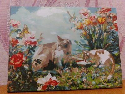 Лот: 10714199. Фото: 1. картина " коты в саду" (готовая... Картины, рисунки