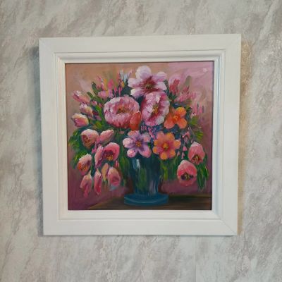Лот: 24961507. Фото: 1. Картина маслом "Букет розовых... Картины, рисунки