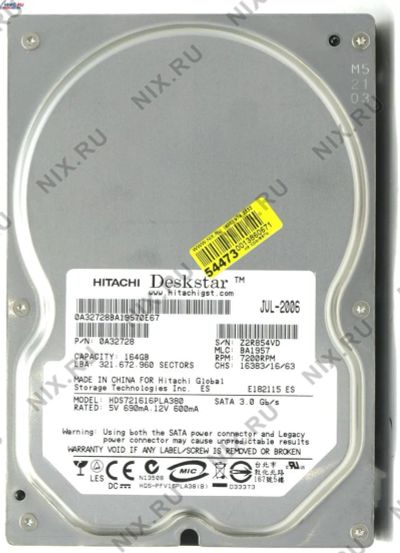 Лот: 5452312. Фото: 1. HDD 164.0 Gb SATA-II 300 Hitachi... Жёсткие диски (HDD)