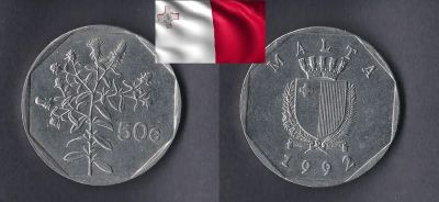 Лот: 18929425. Фото: 1. Мальта 50 центов 1992. Европа