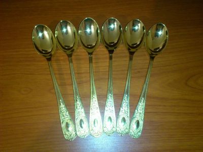 Лот: 3425929. Фото: 1. Ложки чайные позолоченные 6шт. Столовые приборы, ножи