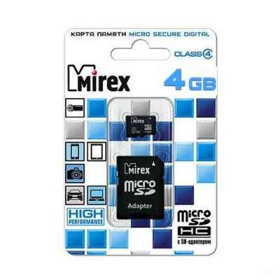 Лот: 11763579. Фото: 1. MicroSD 4 GB Mirex +SD адаптер. Карты памяти