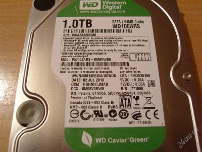 Лот: 2240264. Фото: 1. Жёсткий диск SATA-2 WD10EARS 64MB... Жёсткие диски (HDD)