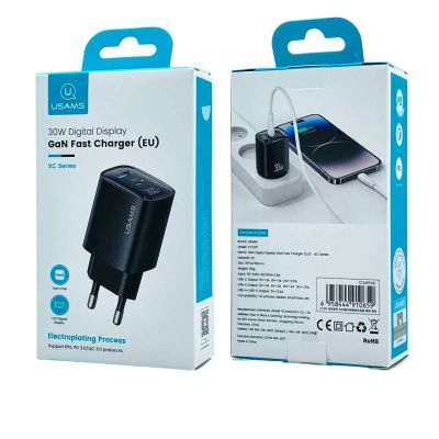 Лот: 25794965. Фото: 1. СЗУ USAMS CC229 1A1C PD 30W GaN... Зарядные устройства, блоки питания, адаптеры сетевые для смартфонов