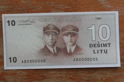 Лот: 22180185. Фото: 1. Литва 10 лит 1991 года. Летчики... Частные выпуски, копии банкнот