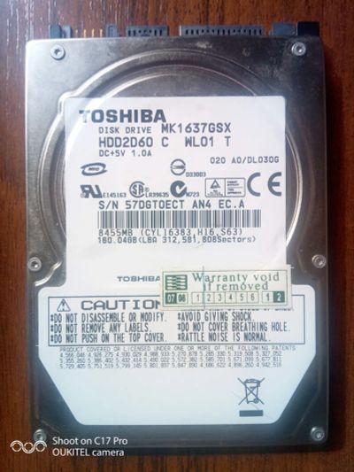 Лот: 19311997. Фото: 1. Винчестер HDD 2.5 Toshiba 160... Жёсткие диски