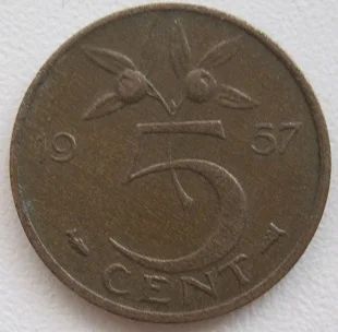 Лот: 12150300. Фото: 1. Нидерланды 5 центов 1957. Европа