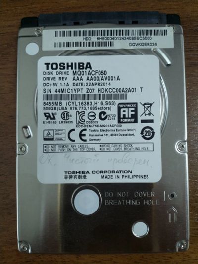 Лот: 19336993. Фото: 1. HDD 500Gb Toshiba. Жёсткие диски (HDD)