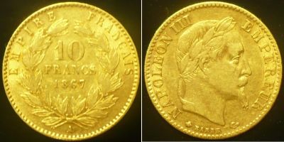 Лот: 17443838. Фото: 1. Франция 10 франков 1867 года. Европа