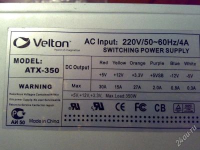 Лот: 1104539. Фото: 1. Блок питания 350W Velton ATX-350. Корпуса, блоки питания