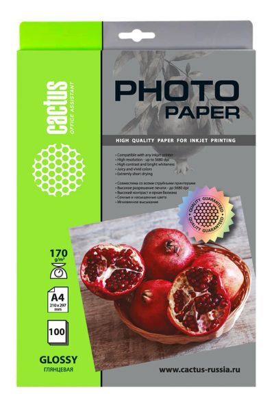 Лот: 25396055. Фото: 1. Бумага Cactus 170 г/м2, A4, глянцевая... Бумага