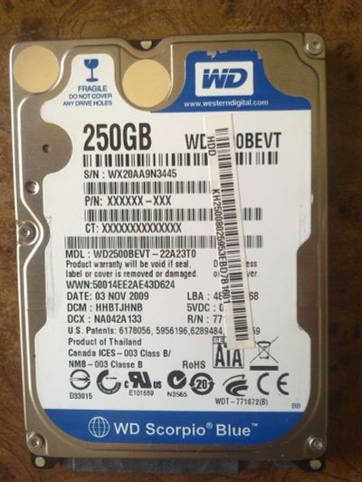 Лот: 12206712. Фото: 1. Western Digital WD2500BEVT / 250GB... Жёсткие диски (HDD)