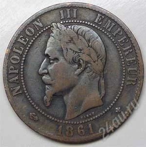 Лот: 888327. Фото: 1. Франция. 10 сантим 1861г. Наполеон... Европа